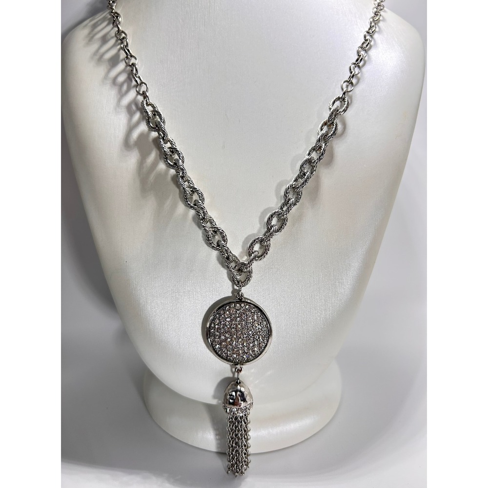Chico's Tassel Necklace Womens OS Silver Good Pave Rhinestone Chunky Chain